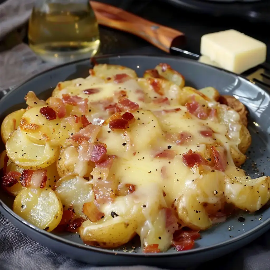 Pommes rôties, fromage fondant et lard croustillant servis dans une assiette.