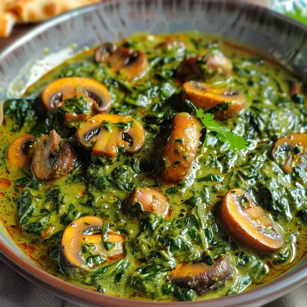 Délicieux curry d'épinards avec des champignons, nappé d'une sauce crémeuse épicée.
