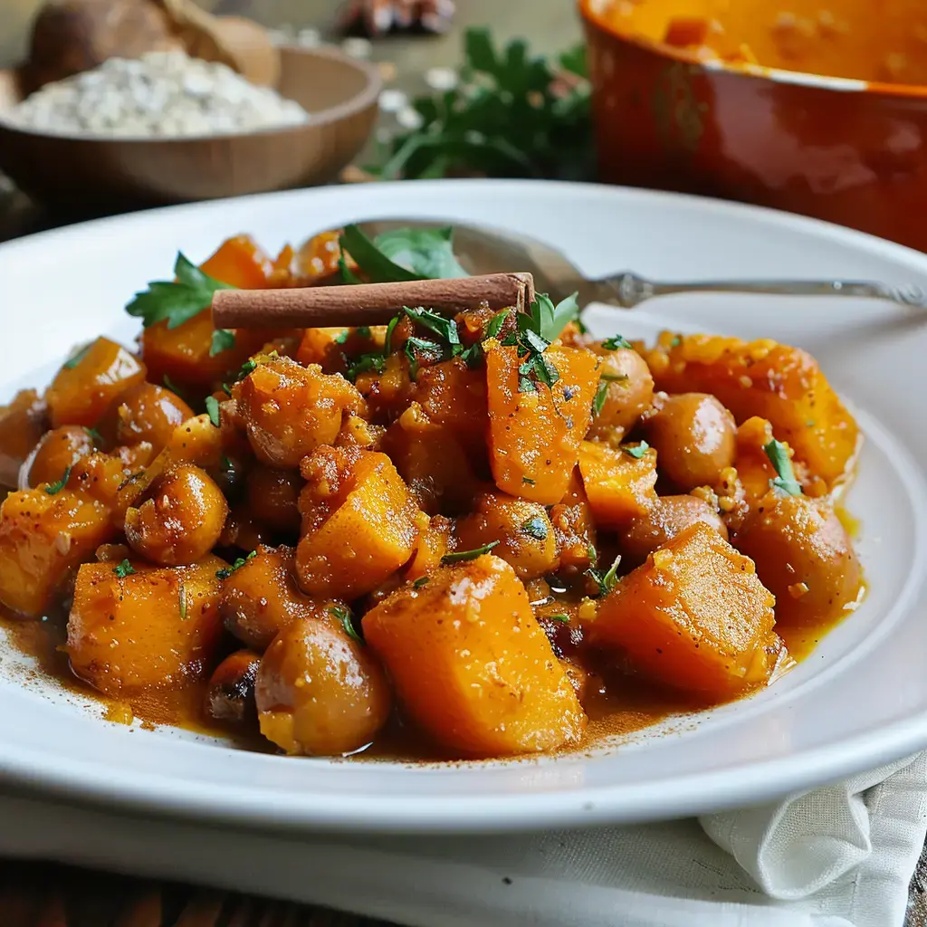 Un plat réconfortant où le potimarron, les pois chiches et les épices s'entrelacent, garni de bâtons de cannelle et d'herbes vertes.