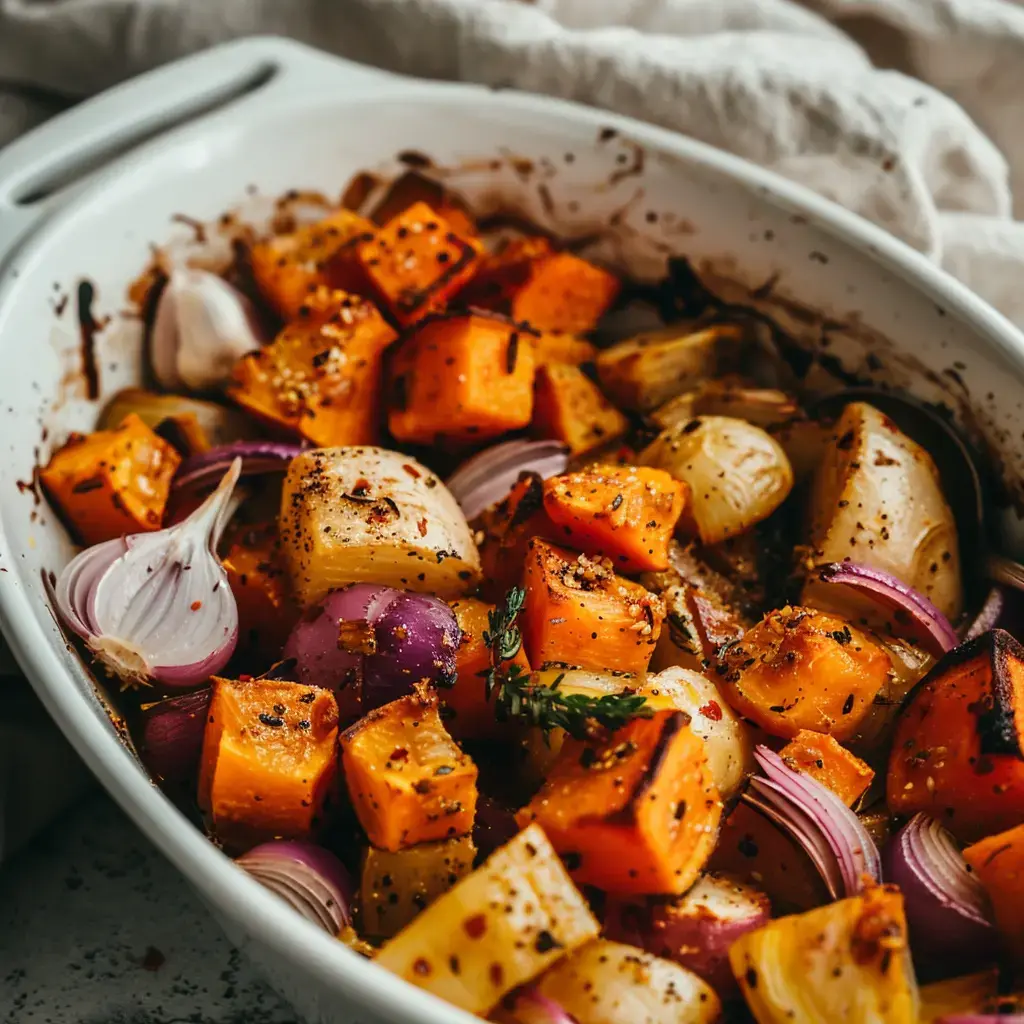 Légumes confits au four avec épices, cubes de courge, oignons et morceaux d'ail, décorés de thym.
