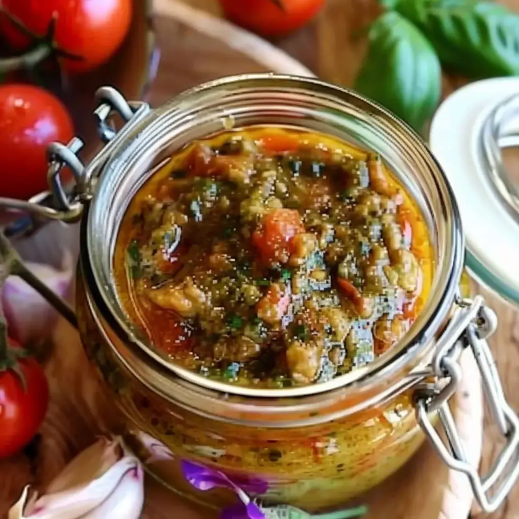 Petit pot rempli d'un mélange de basilic, tomates et épices, entouré d'ail et de légumes frais.