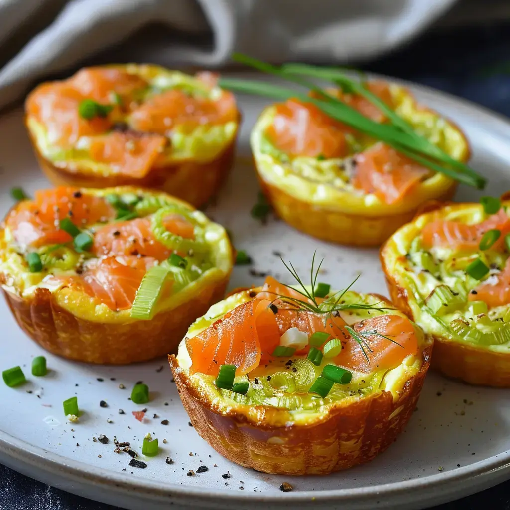 Mini tartes avec saumon fumé, poireaux et herbes fraîches sur une assiette.