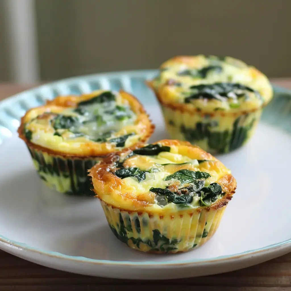 Petits muffins aux épinards dorés servis sur une assiette.