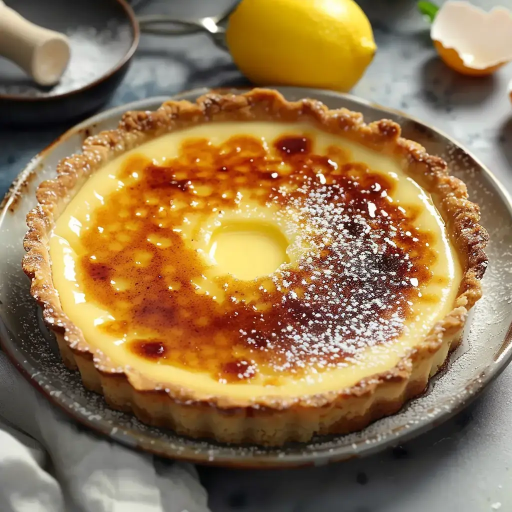 Dessert avec crème au citron et caramel doré, disposé avec des citrons et une coquille d'œuf.