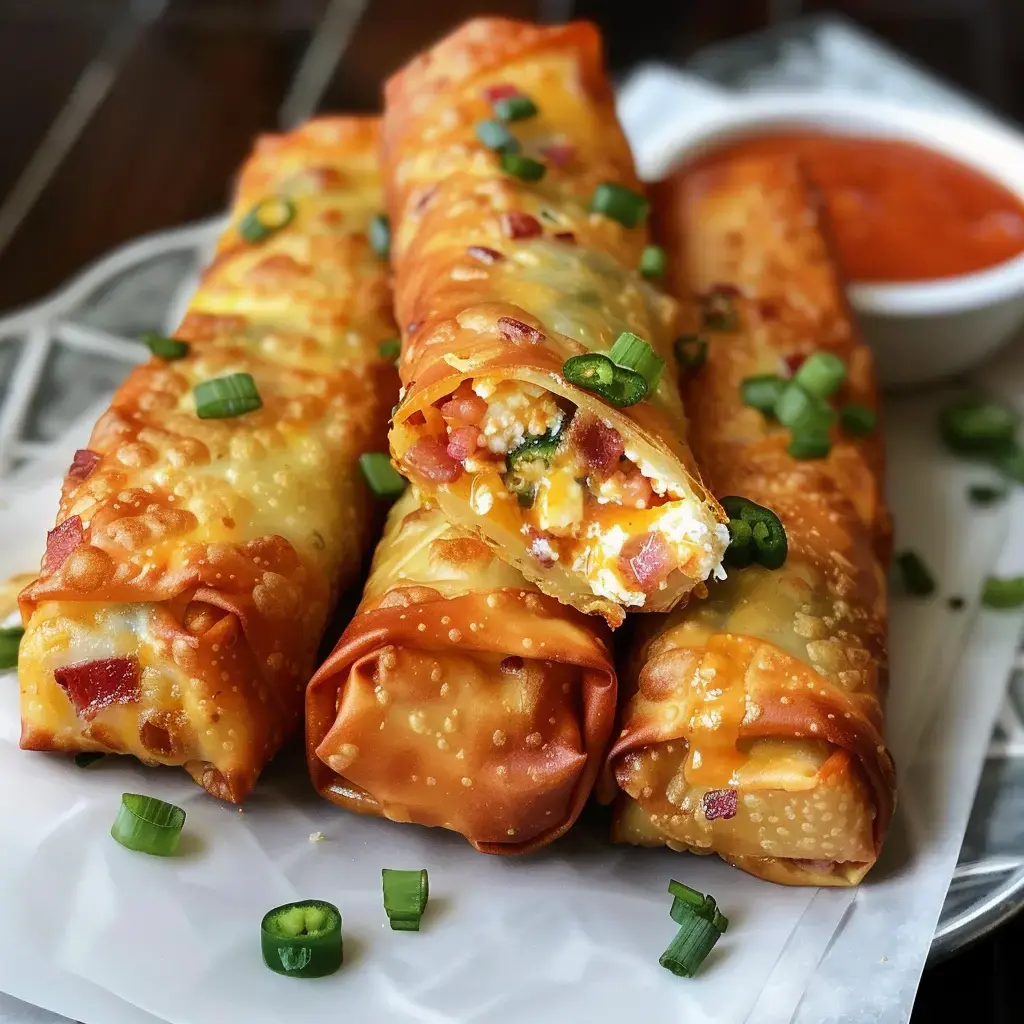 Des rouleaux dorés fourrés de fromage, de lardons et de ciboulette, accompagnés d'une sauce rouge.