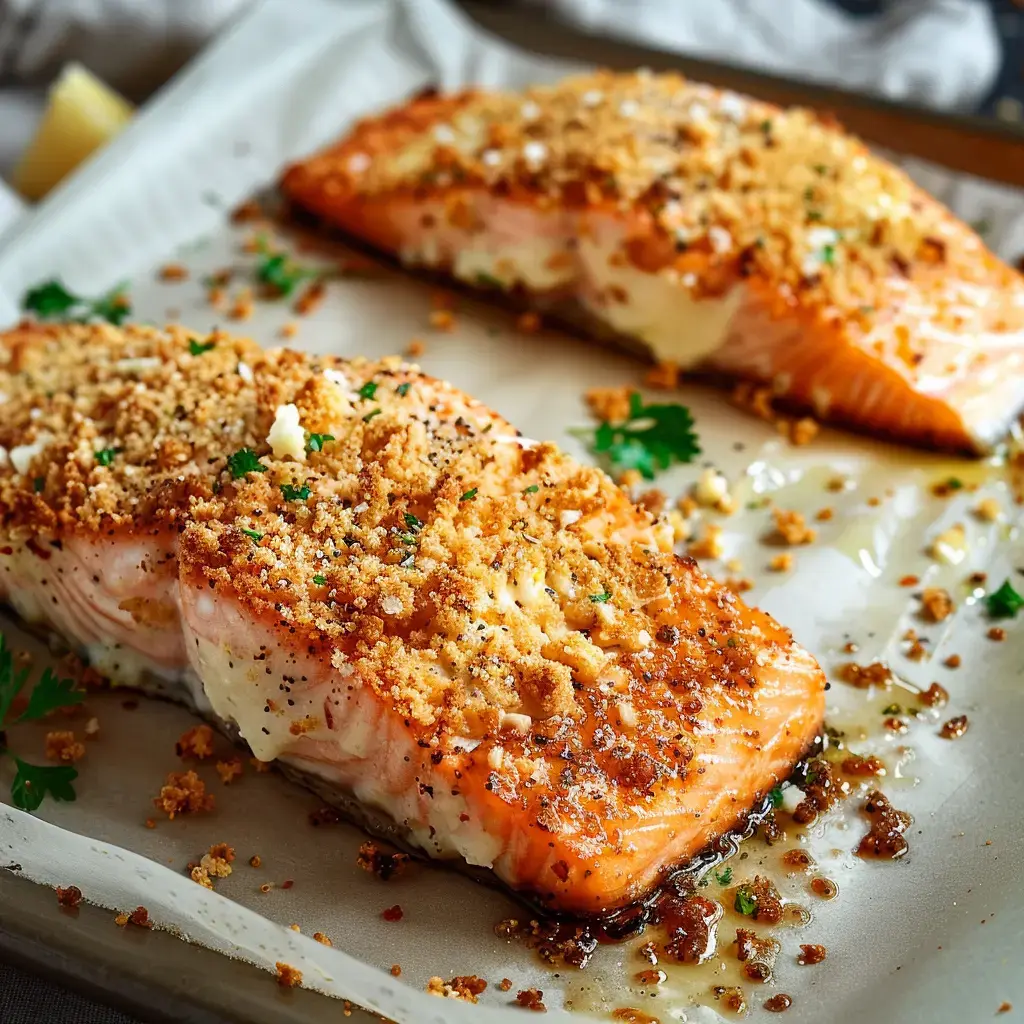 Filets de saumon avec croûte dorée et persil, servis sur une jolie assiette.