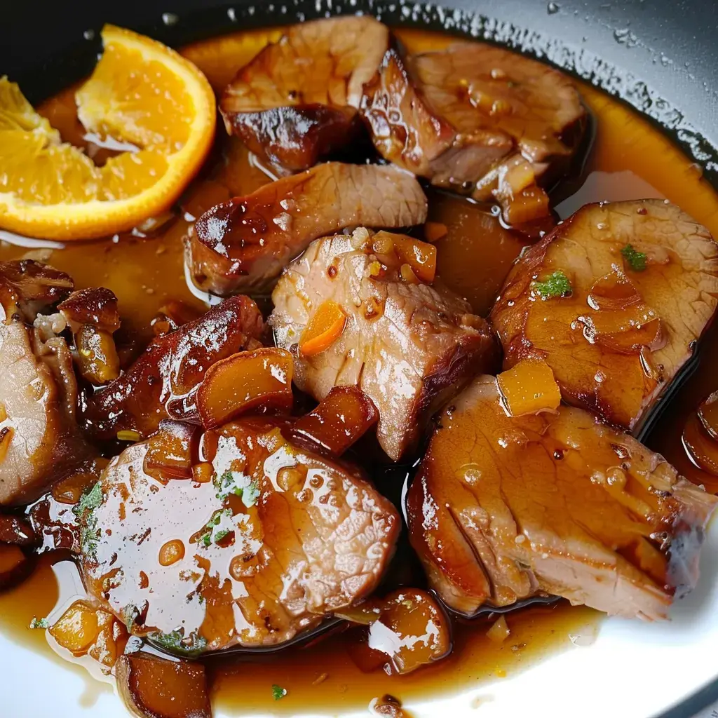 Une assiette de filet mignon tendre dans une sauce gourmande, agrémentée d'une tranche d'orange.