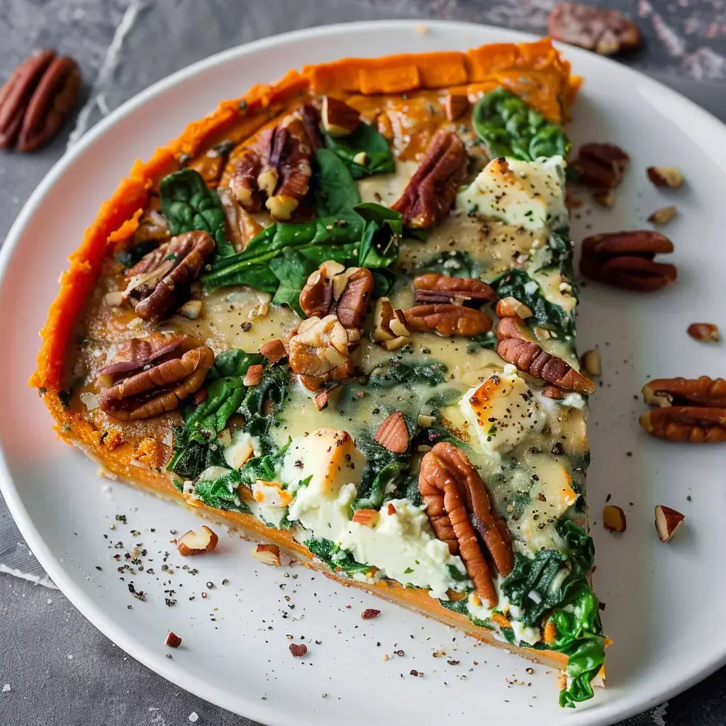Assiette avec une part de tarte douce, décorée d'épices, d'épinards et de fromage fondant.