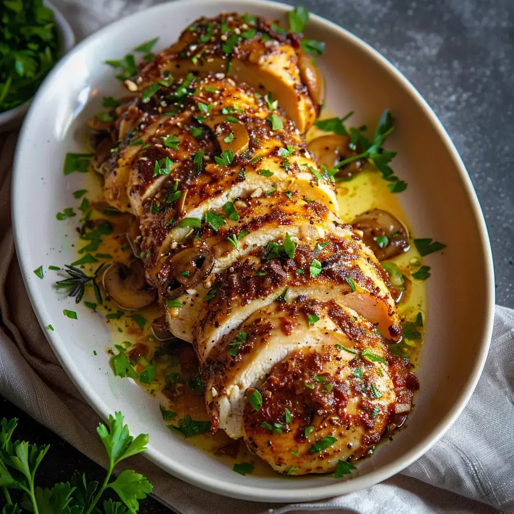 Poulet découpé avec des champignons et des herbes fraîches, nappé d'une sauce onctueuse.