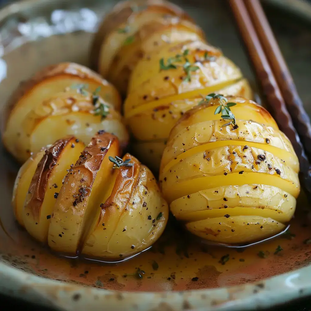 Pommes de terre finement tranchées, assaisonnées de thym et d'épices, servies dorées.