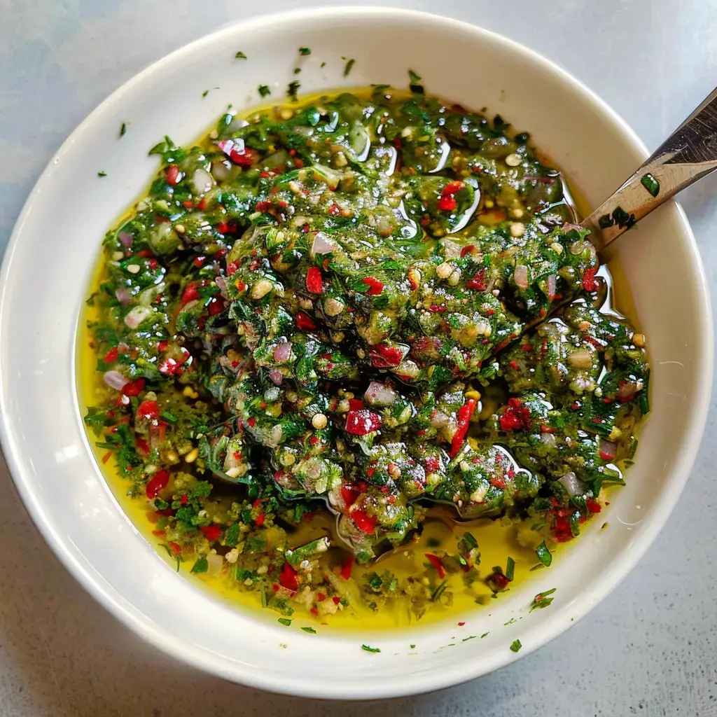 Un bol de sauce verte maison faite avec herbes fraîches, épices et huile d'olive.
