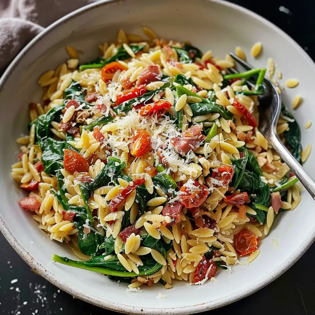 Pâtes orzo avec épinards, tomates confites et pancetta croustillante, parsemées de fromage.
