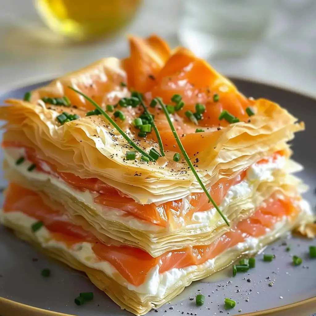 Une portion élégante avec des couches croustillantes de pâte filo, du saumon fumé et une sauce onctueuse, décorée de ciboulette et poivre.