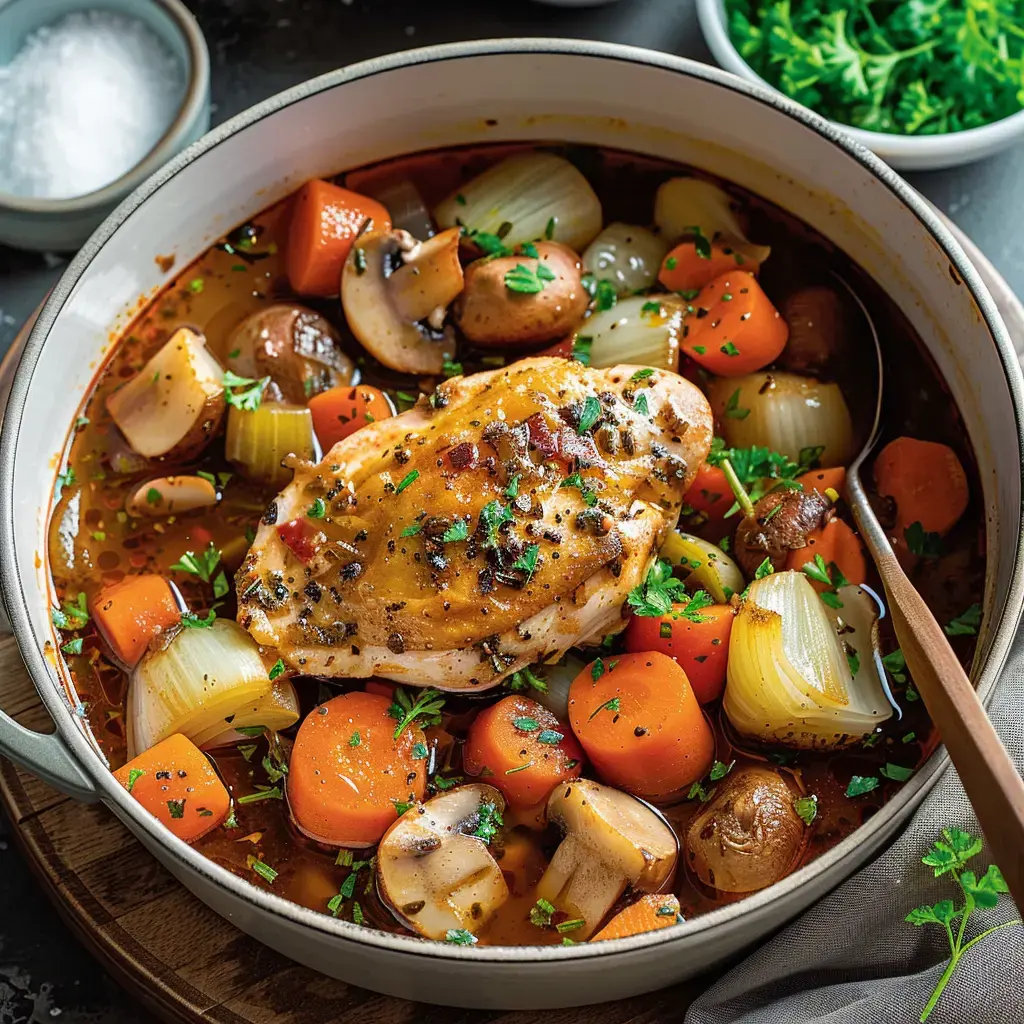 Un délicieux mijoté de poulet avec des légumes et des herbes dans une grande casserole fumante.