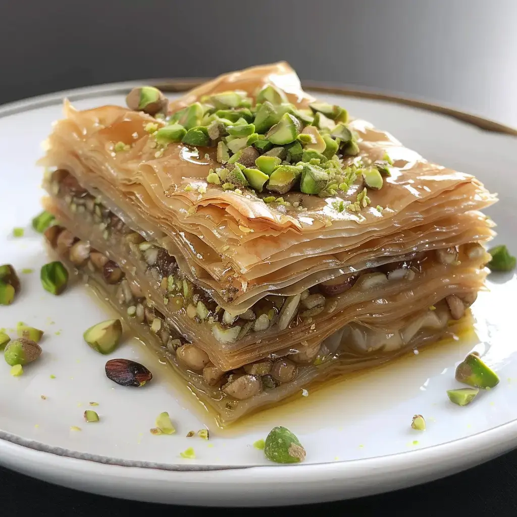 Un dessert croustillant de pâte filo, garni de noix et pistaches, imbibé de sirop au miel.