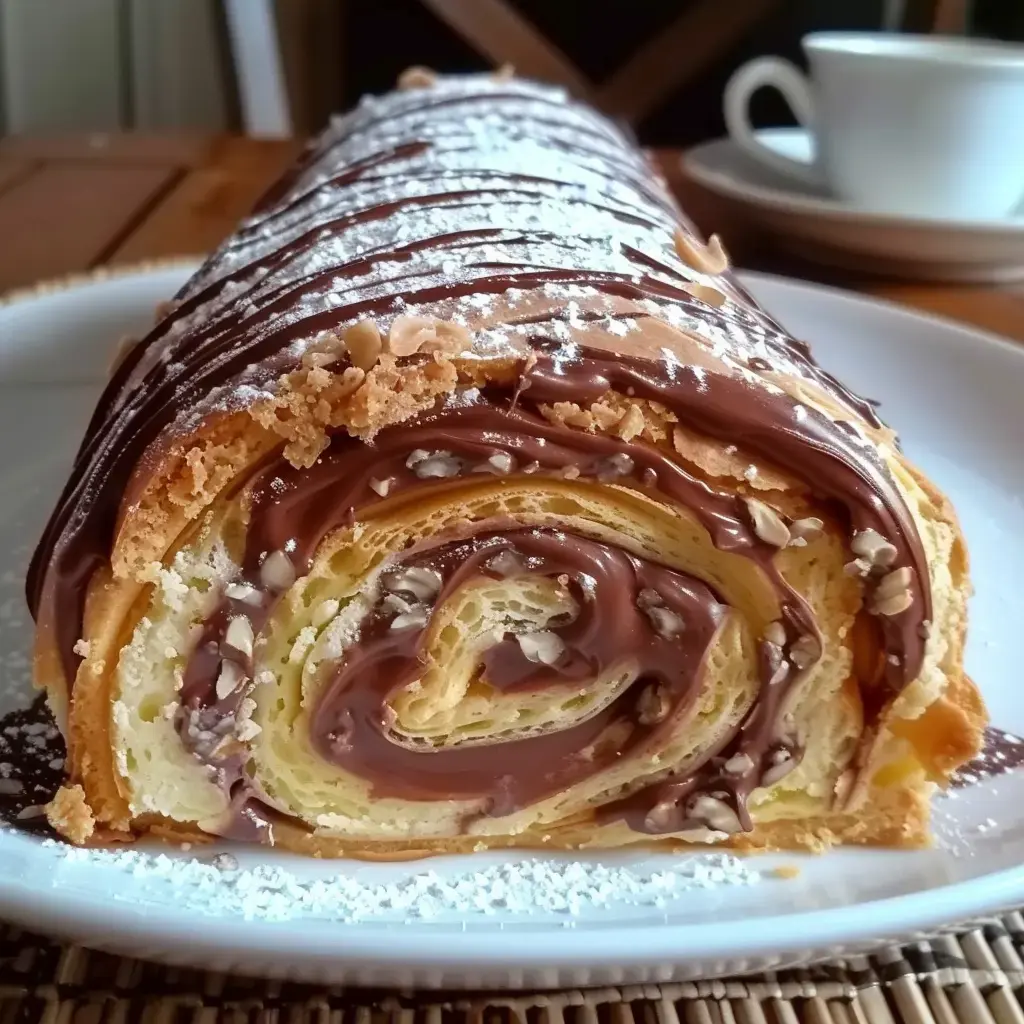 Gâteau roulé à la crème chocolat, décoré de copeaux et sucre, servi joliment en assiette.