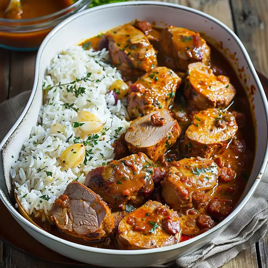 Viande en sauce avec riz, persil et oignons.