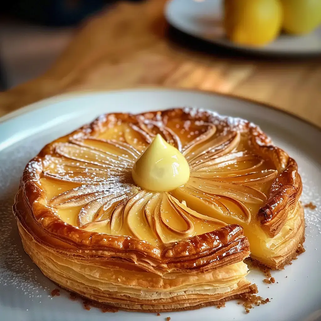 Tarte aux pommes garnie de crème et fine couche de sucre, avec une touche finale de crème.