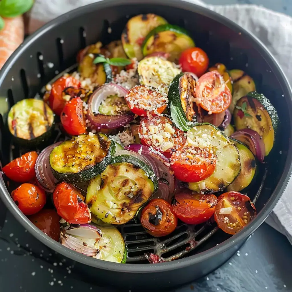 Légumes rôtis comme courgettes, tomates cerises et oignons, assaisonnés de fromage et basilic, dans un panier d'Air Fryer.