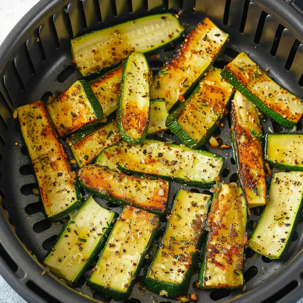 Tranches de courgette grillées avec un bel aspect doré et épicé, posées dans un panier de friteuse à air.