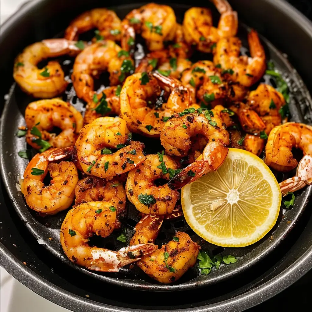 Crevettes dorées servies avec persil frais et une tranche de citron dans un bol foncé.