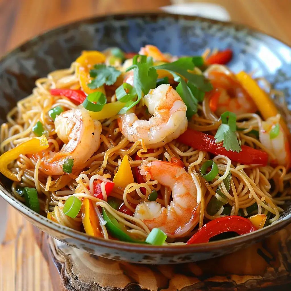 Bol de nouilles, crevettes et légumes colorés.