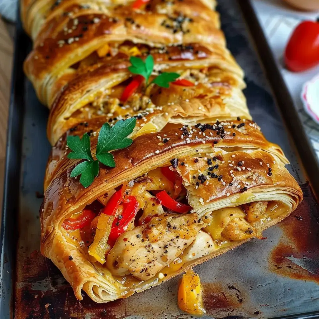 Un feuilleté bien croustillant aux saveurs de poulet, poivrons, fromage et herbes fraîches.