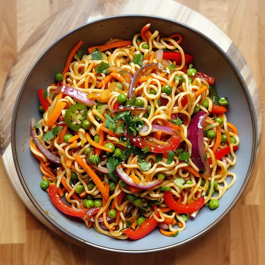 Assiette de nouilles colorées avec carottes, poivrons et petits pois, surmontée de coriandre.