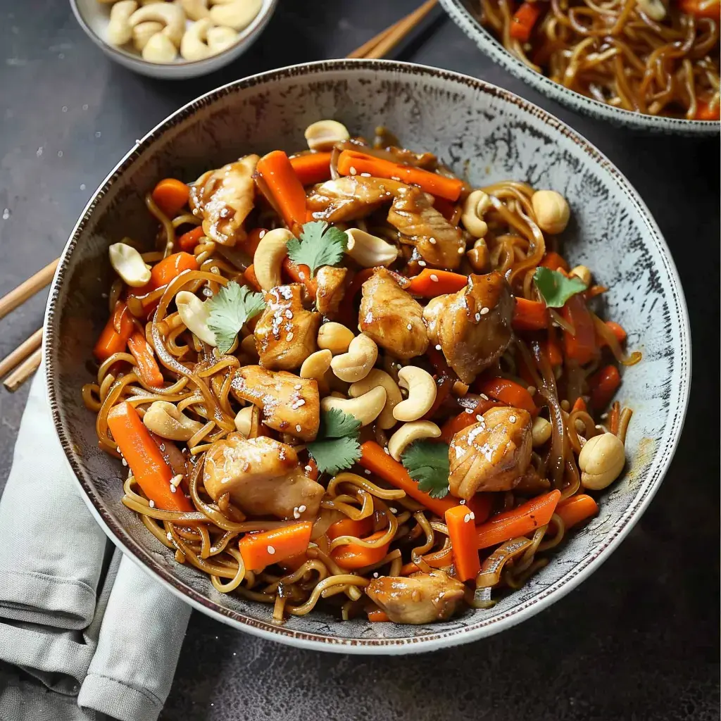 Bol avec poulet, noix de cajou, carottes et coriandre décorées de graines de sésame.
