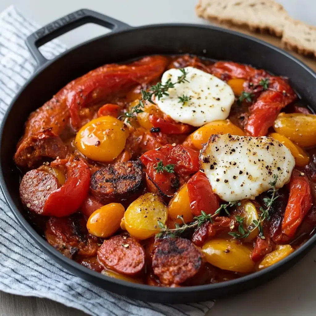 Un plat mijoté de tomates, poivrons et chorizo avec des œufs, garni de thym frais, servi dans une poêle en fonte