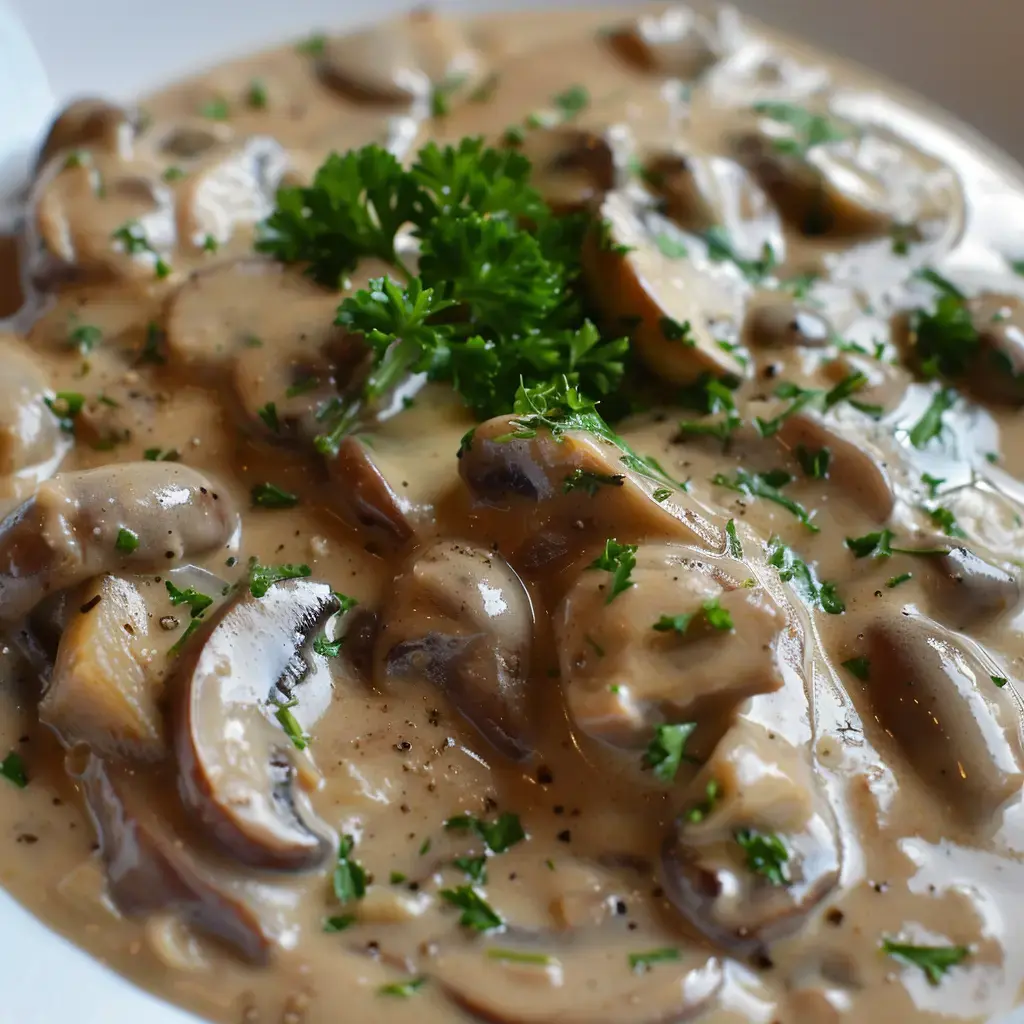 Sauce aux champignons crémeuse parsemée de persil frais