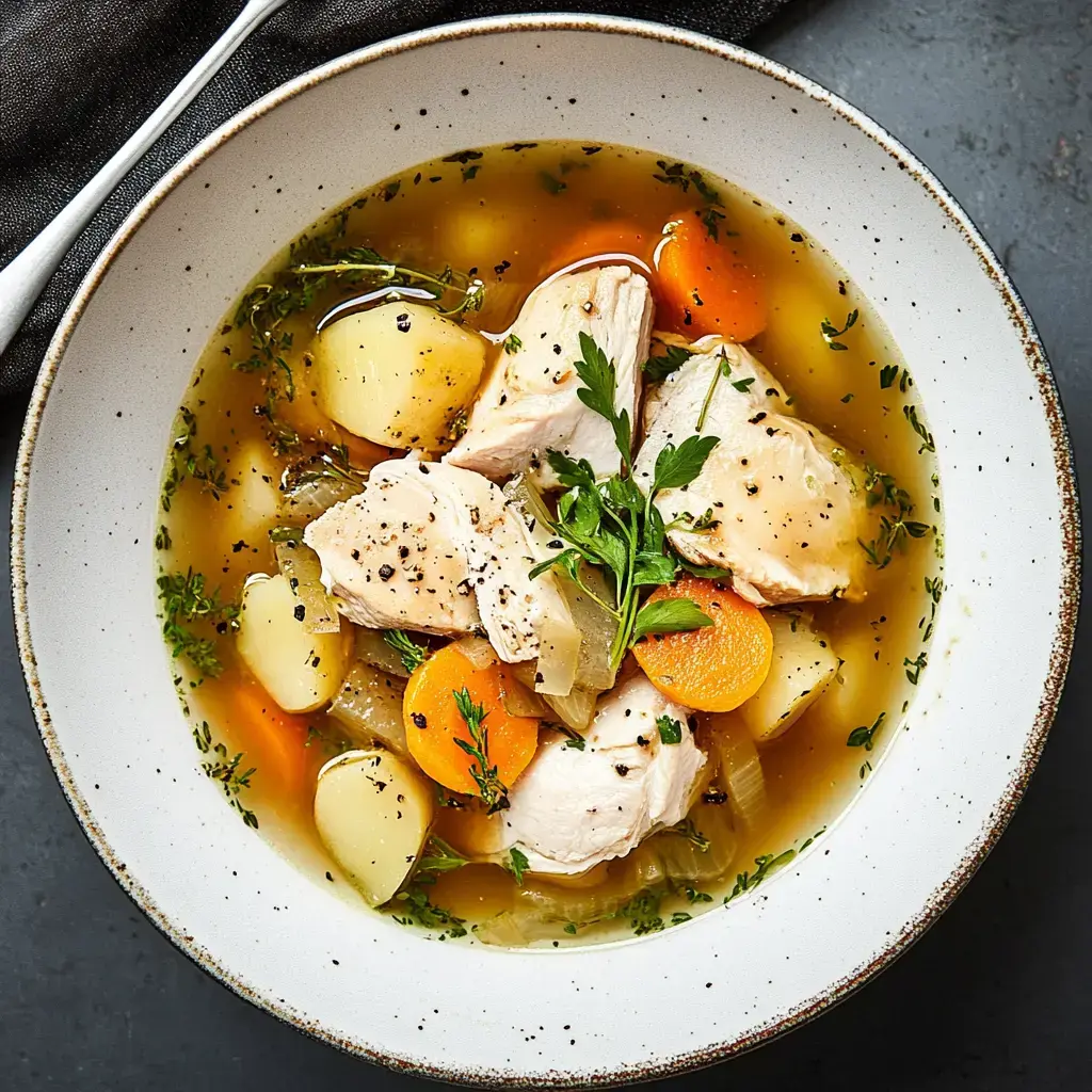 Soupe chaude contenant des morceaux de poulet, des carottes, des pommes de terre et des herbes dans un bol.