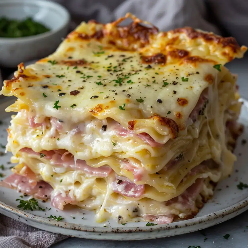 Lasagnes gratinées au jambon et fromages français, dorées à point, garnies de persil frais