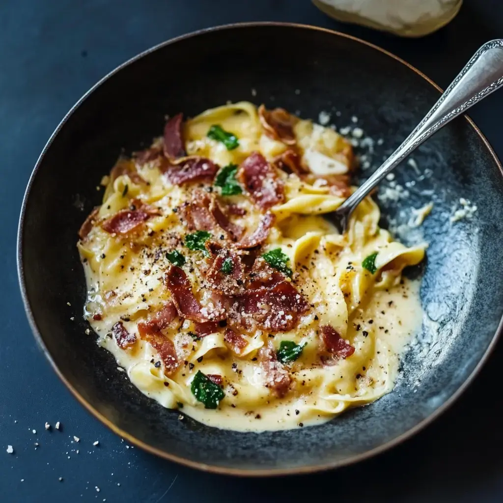 Poireaux à la carbonara nappés de sauce crémeuse et parsemés de lardons dorés et de parmesan