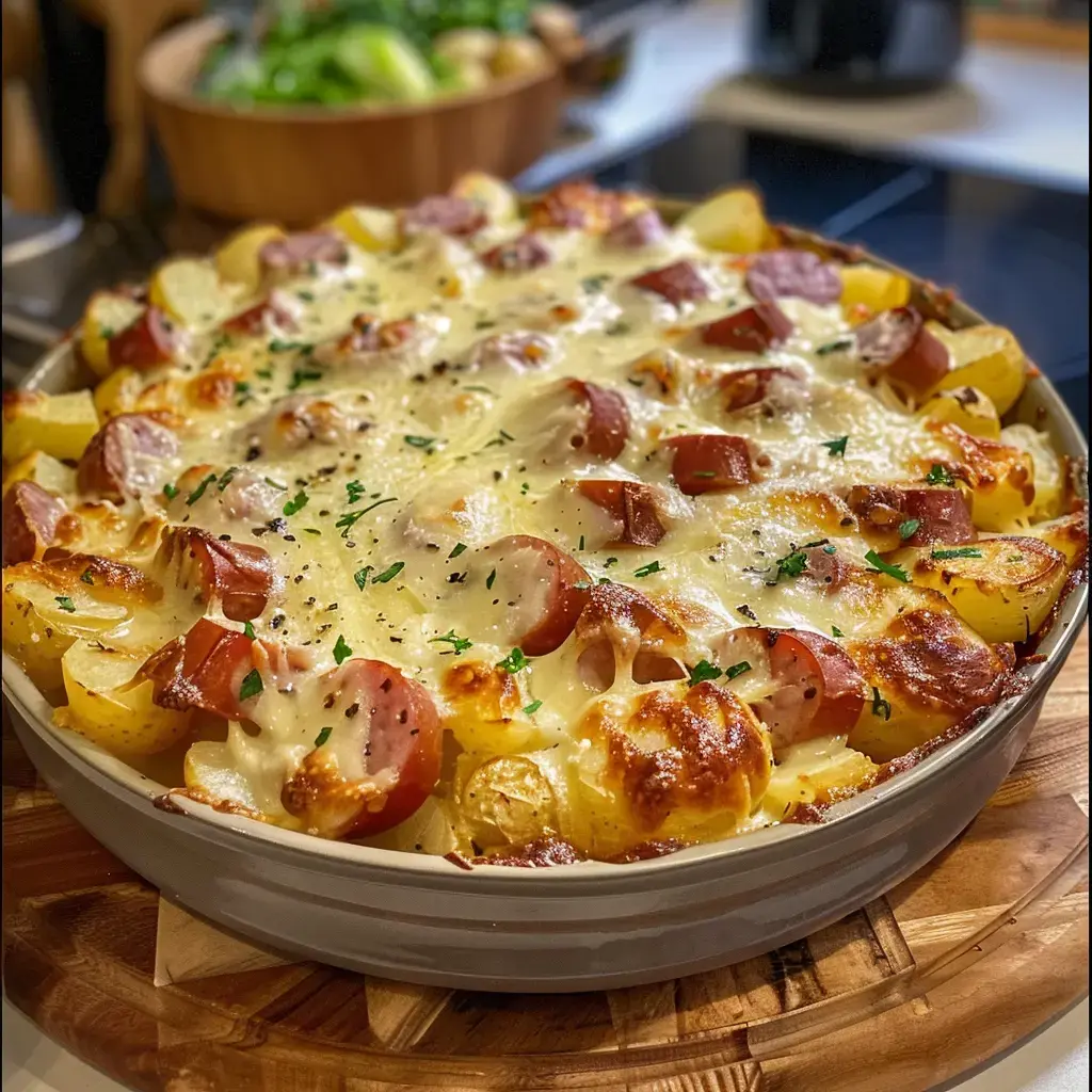 Une tartiflette dorée et gratinée, servie dans un plat en terre cuite traditionnel