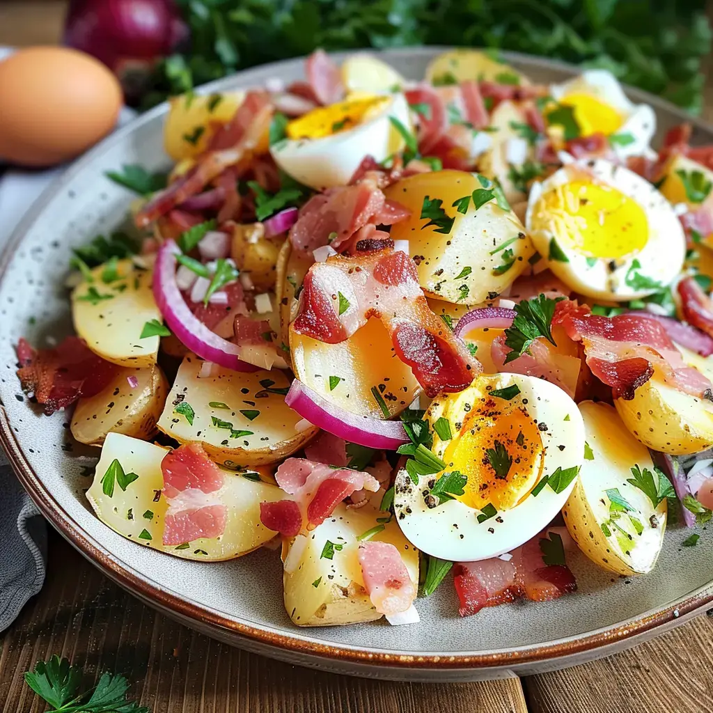 Salade Piémontaise traditionnelle garnie de lardons dorés, œufs et oignons rouges