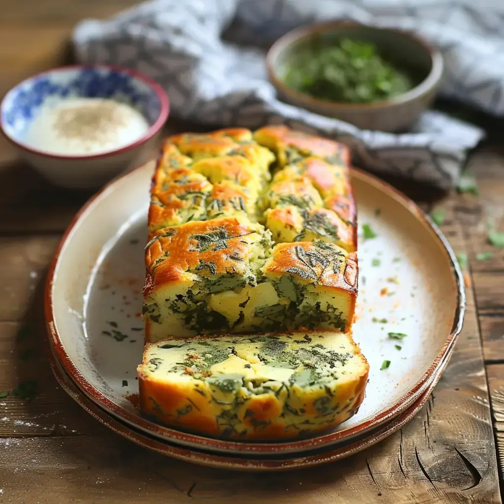 Un gâteau salé aux herbes, tranché, présenté sur une assiette avec des garnitures en arrière-plan.