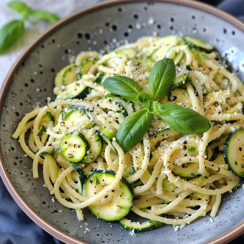 Spaghetti à la crème de courgettes parsemés de basilic et de parmesan, dans une assiette creuse.