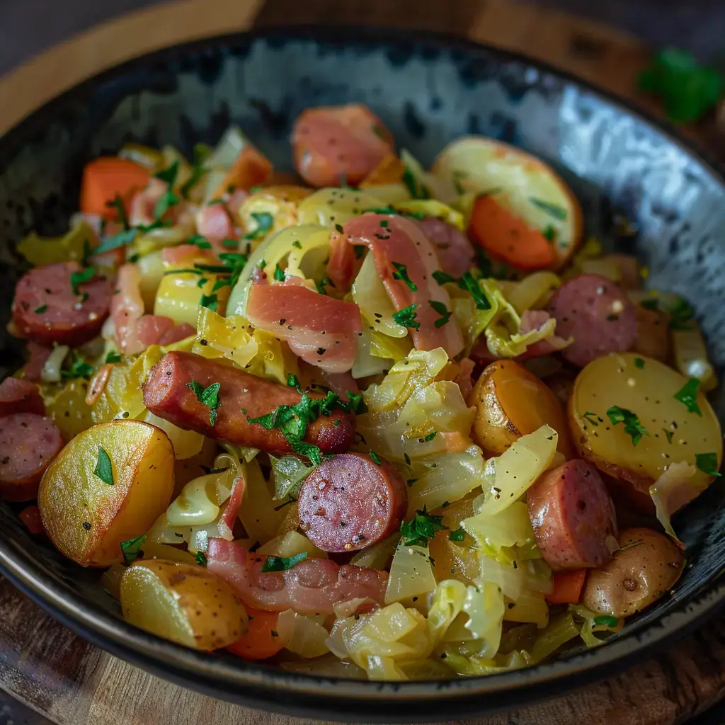 Potée de chou vert aux saucisses de Morteau fumées, parsemée de persil frais