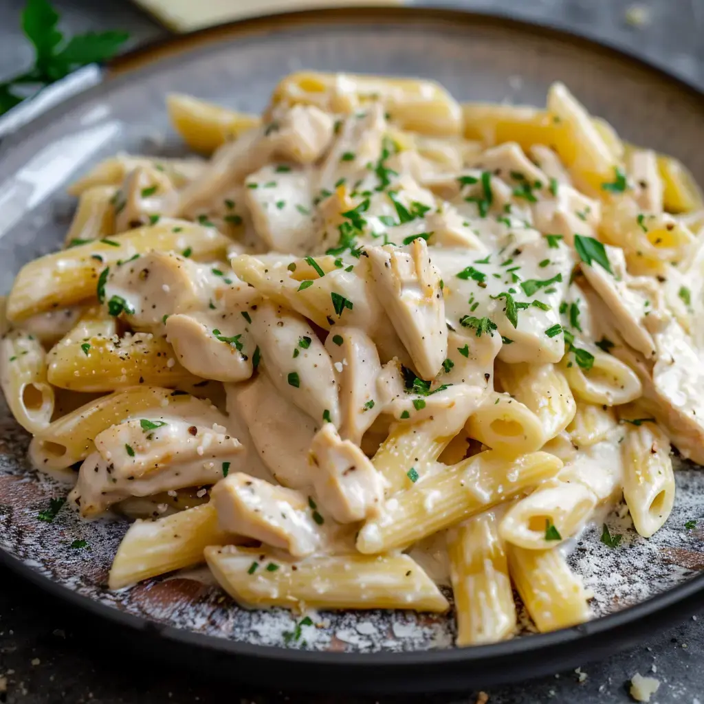 Pâtes au poulet avec sauce crémeuse St Môret et persil frais