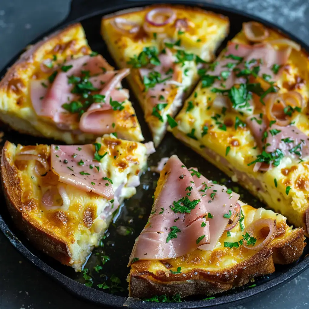 Pain perdu salé gratiné au Reblochon et jambon de Bayonne, servi dans un plat en fonte.