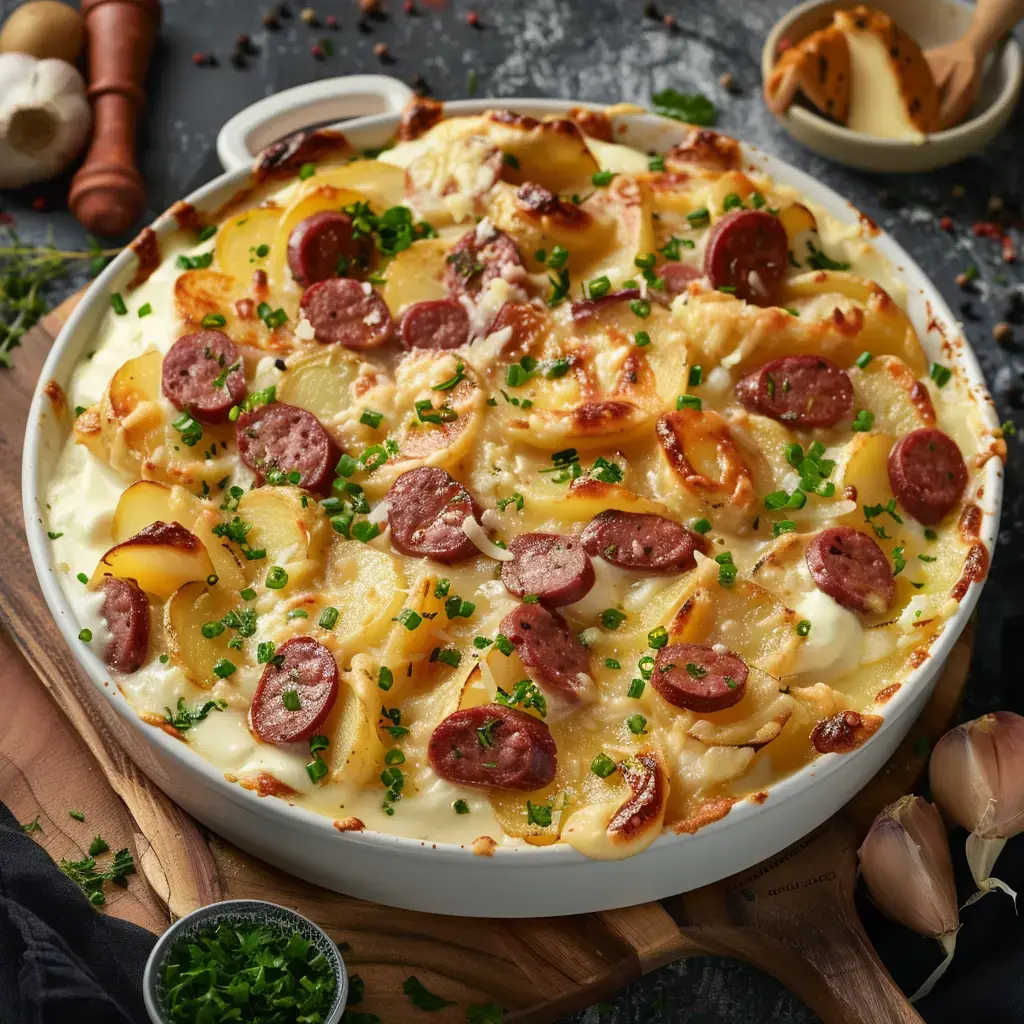 Tartiflette au Maroilles et saucisses fumées gratinée, parsemée de ciboulette