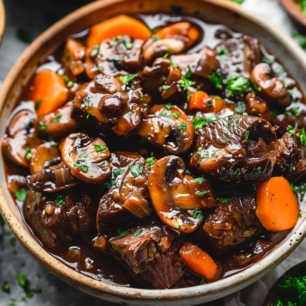 Joue de bœuf mijotée aux champignons avec ses légumes et son bouquet de persil frais