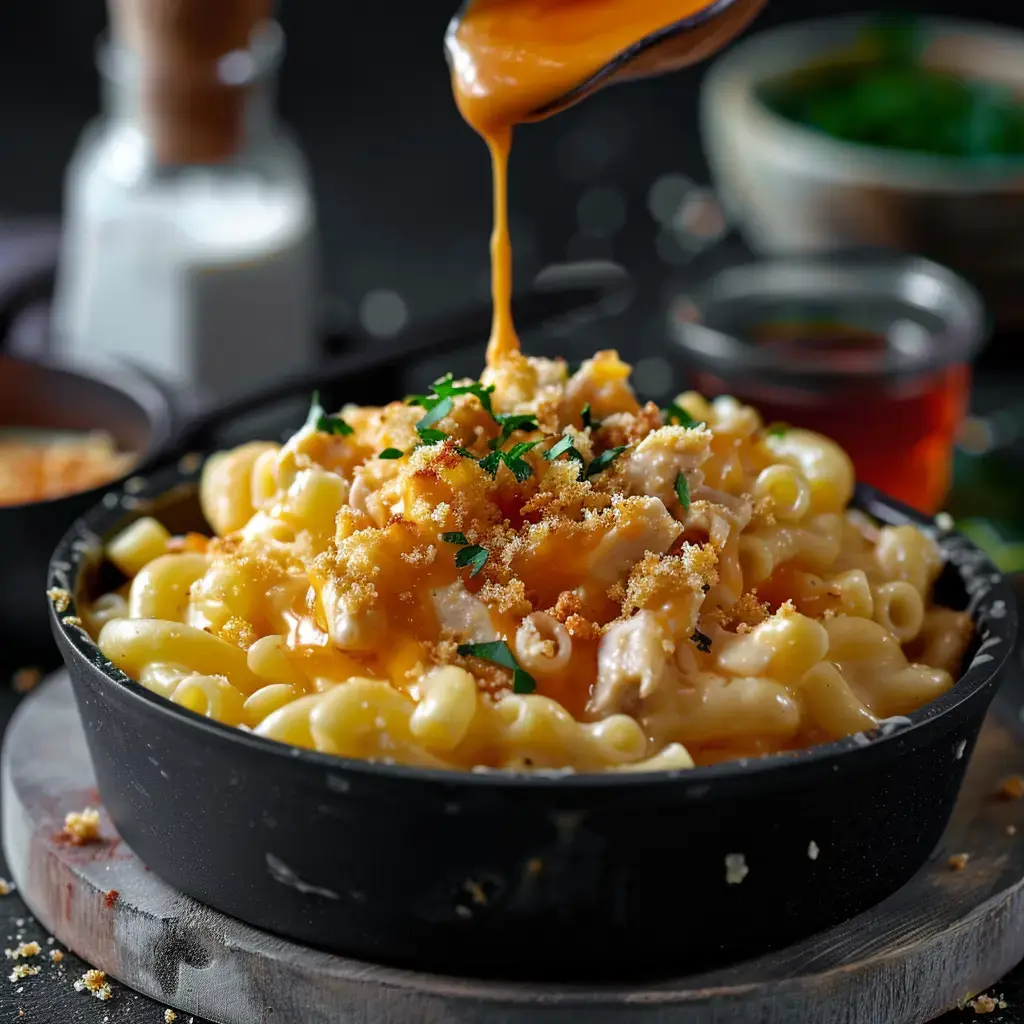 Macaroni au fromage gratinés avec chapelure dorée, nappés d'une sauce crémeuse et garnis d'herbes fraîches