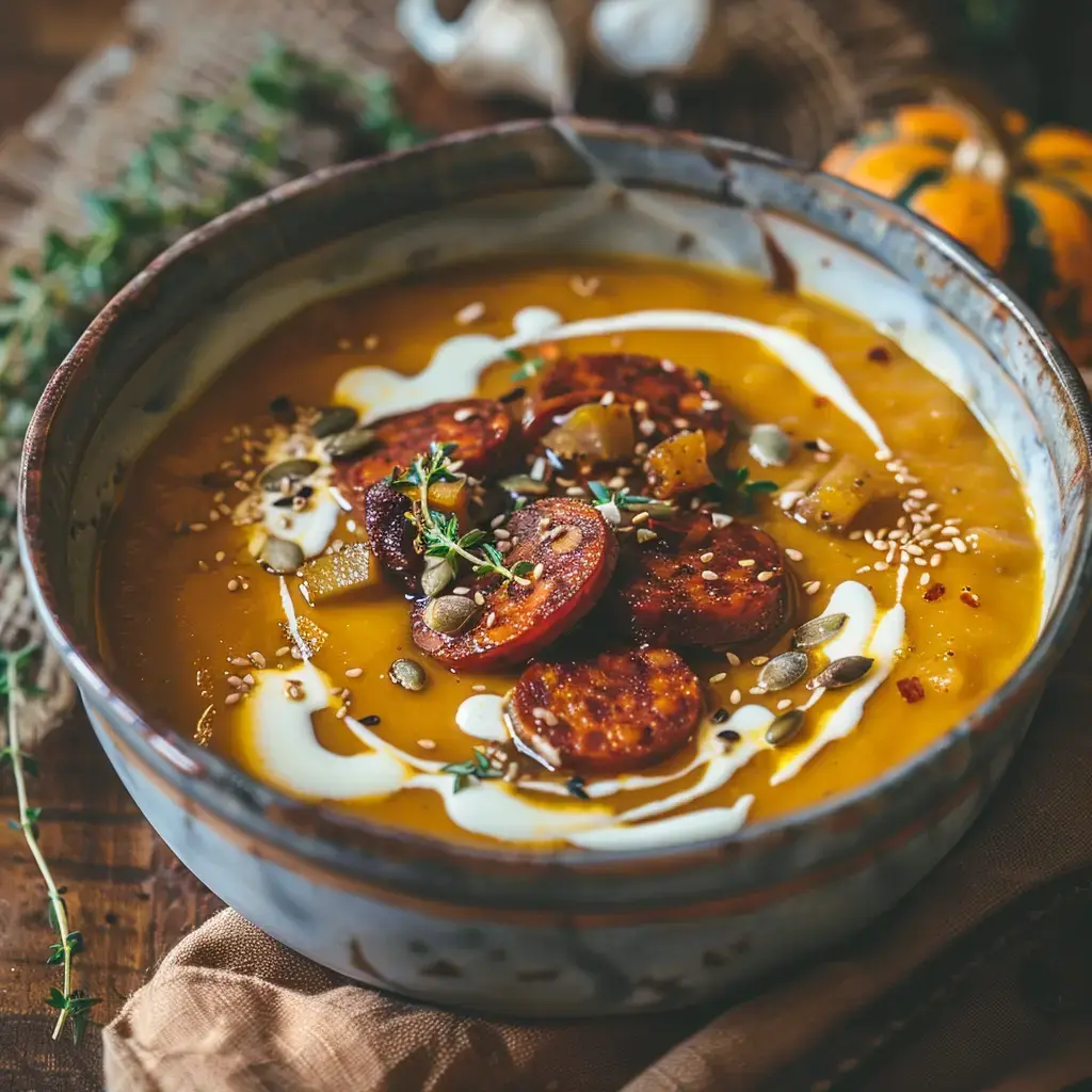 Un bol de velouté de potimarron garni de chorizo croustillant, graines torréfiées et crème d'Isigny