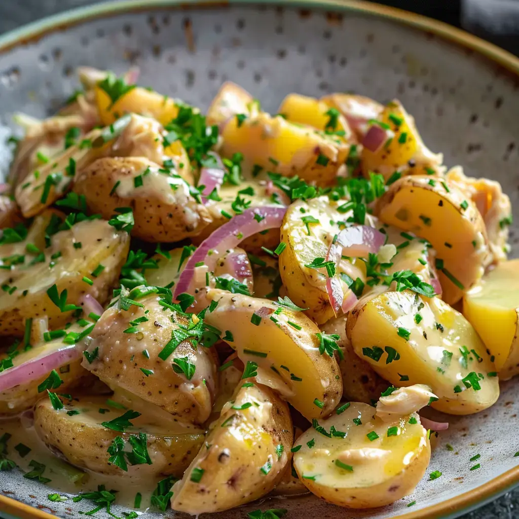 Salade de pommes de terre alsacienne garnie d'herbes fraîches et d'oignons rouges avec sa vinaigrette maison