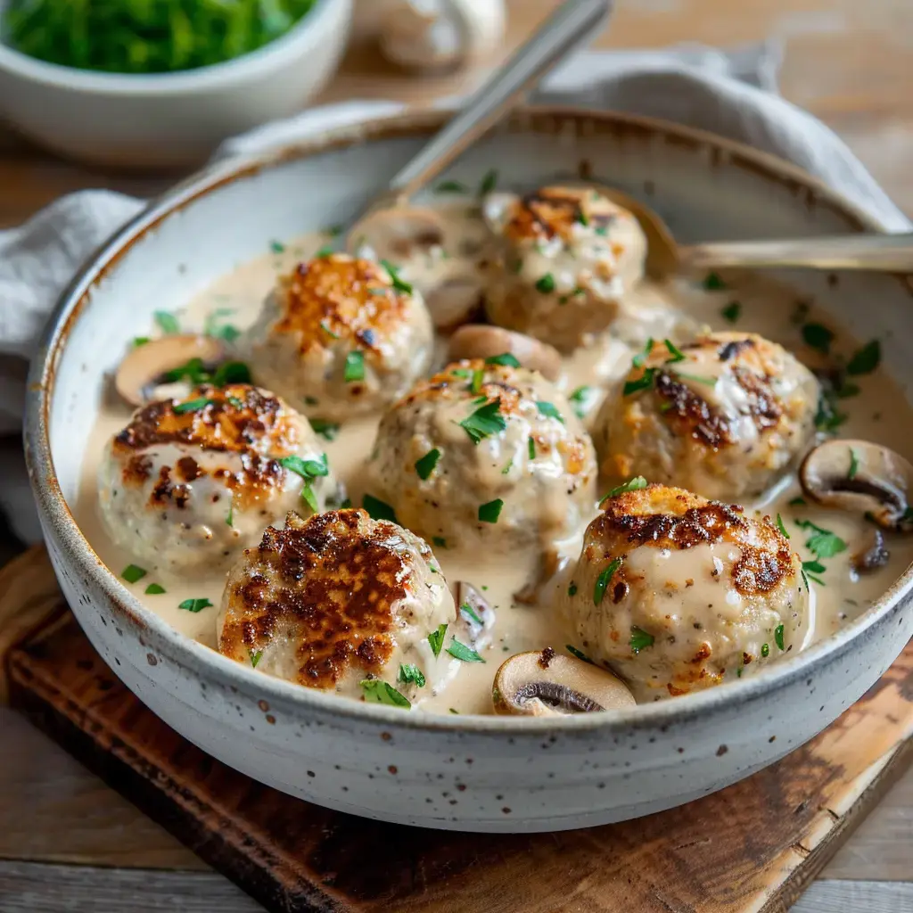 Des boulettes de viande dorées dans une sauce crémeuse aux champignons, garnies de légumes frais, servies dans un plat en céramique.