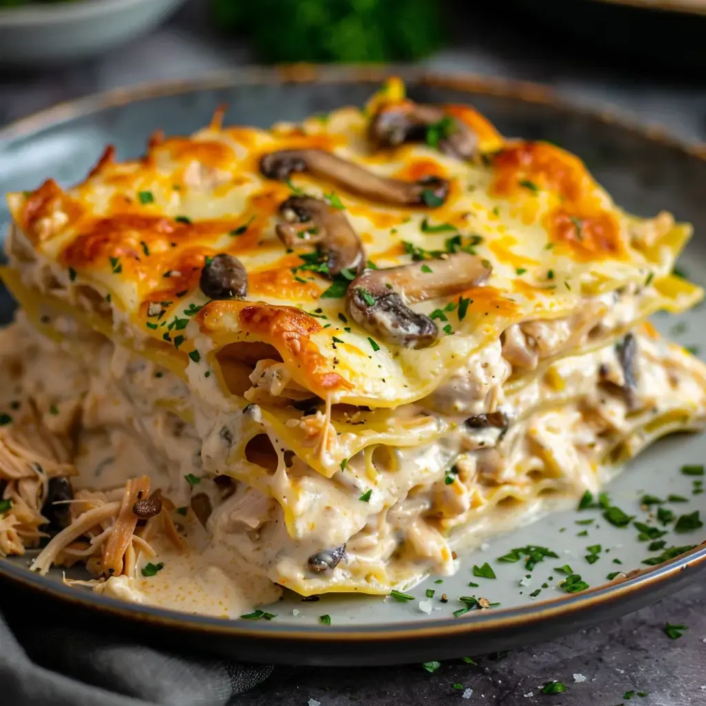 Lasagnes crémeuses garnies de volaille et champignons, gratinées au fromage