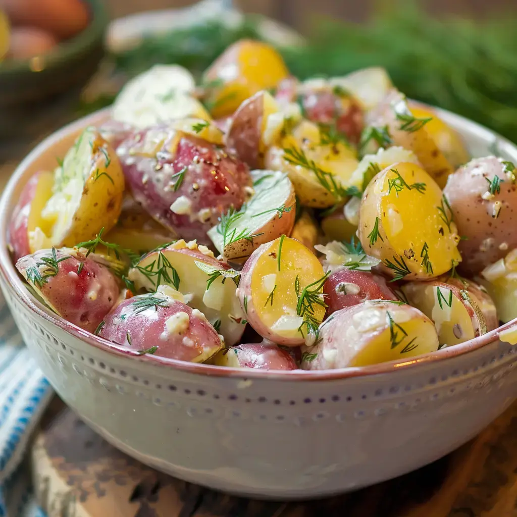 Une salade colorée de patates avec aneth et sauce onctueuse.