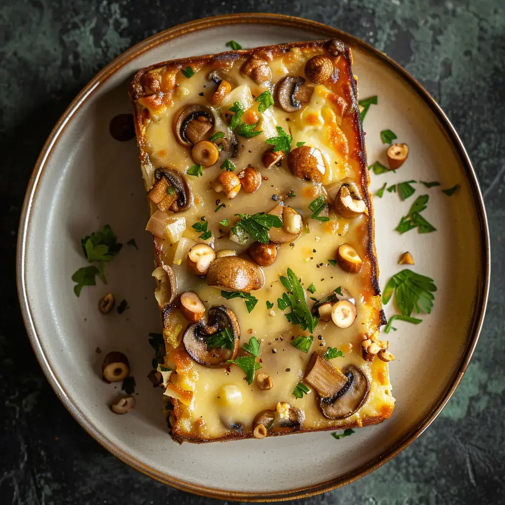 Cake salé aux champignons et Beaufort garni de persil frais, présenté sur une assiette rustique